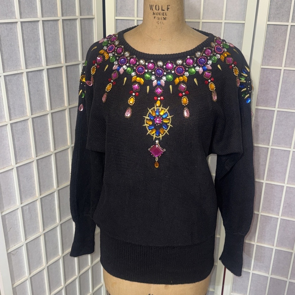 Vintage Beaded Jewel Black Sweater 80s 90s Glam Maximalist Statement Artsy Small
